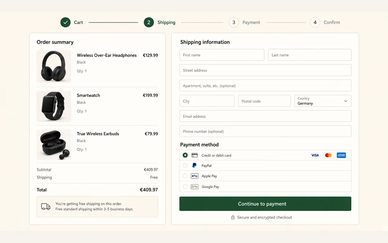 Illustrative checkout UI in this site’s colours — not a Worten product screenshot
