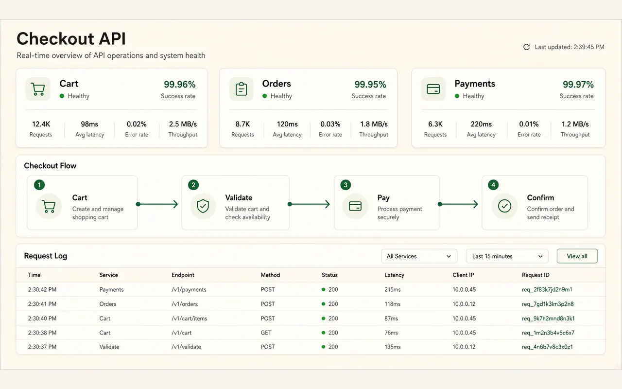Illustrative API dashboard in this site’s colours — not a Worten product screenshot